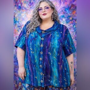 Vintage Unique Blue Teal Brushstroke High Neck Art To Wear Maximalist Blouse